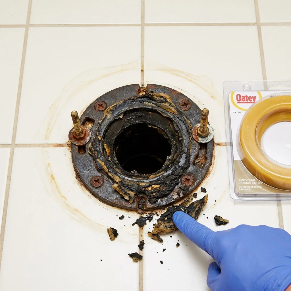 Failed wax ring showing water seepage at the base of a toilet in a Eureka, MO home